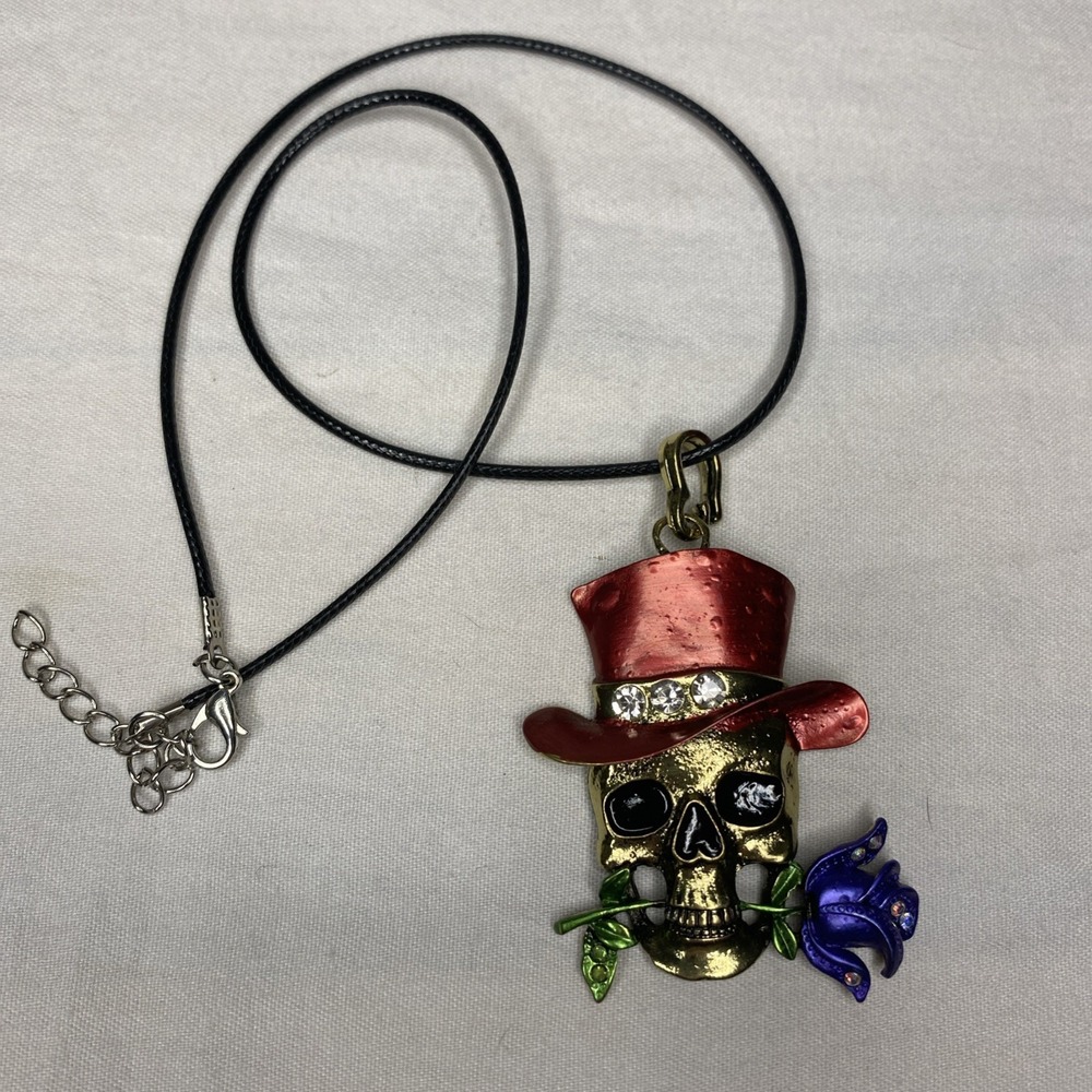 Skull Necklace Red Top Hat Rose Pendant Gothic Halloween Costume Jewelry New